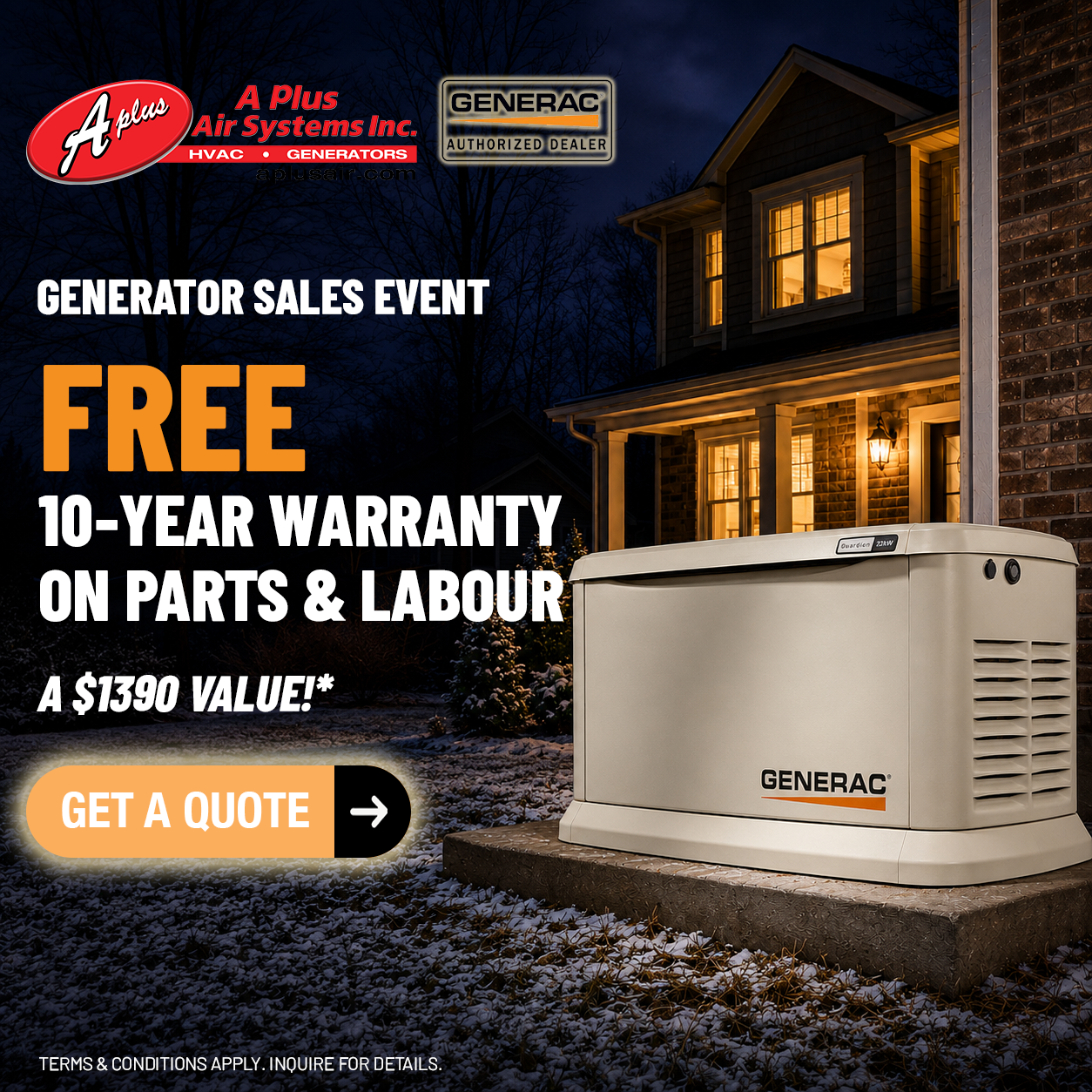 Get a Generac generator with a free 10 year warranty covering parts & labour.